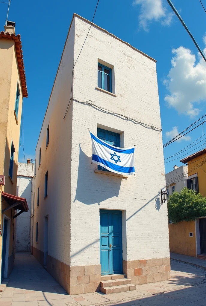 Painting of a white brick whole building with Israel flag from a window