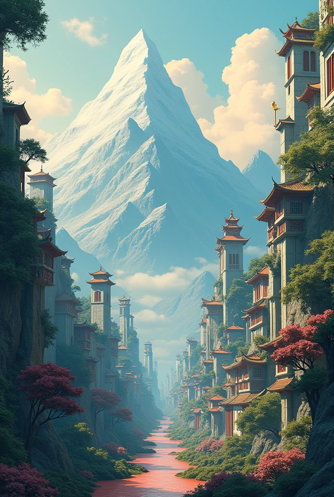 There is a city picture,Stylized digital illustration, city building, Ink painting style city, Surreal cityscape background, Business Illustration, Matte digital illustration, Digital illustration style, Incorporating environmental themes,Illustrations, Digital Illustrations -, City background, A mountain and a golden sculpture of a deer,digital graffiti landscape, A beautiful artistic illustration, Detailed digital illustrations, environment design illustration ((best quality)), ((Intricate details))(8k)