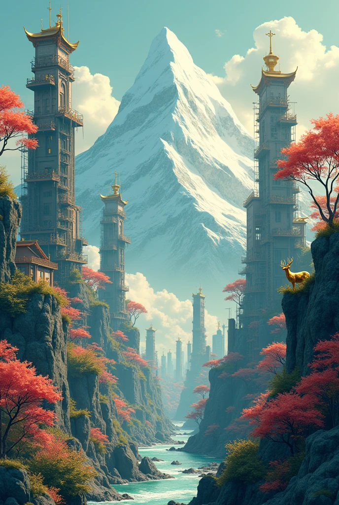 There is a city picture，Stylized digital illustration, city building, Ink painting style city, Surreal cityscape background, Business Illustration, Matte digital illustration, Digital illustration style, Incorporating environmental themes，Illustrations, Digital Illustrations -, City background, A mountain and a golden sculpture of a deer，digital graffiti landscape, A beautiful artistic illustration, Detailed digital illustrations, environment design illustration （（best quality））， （（Intricate details））（8k）
