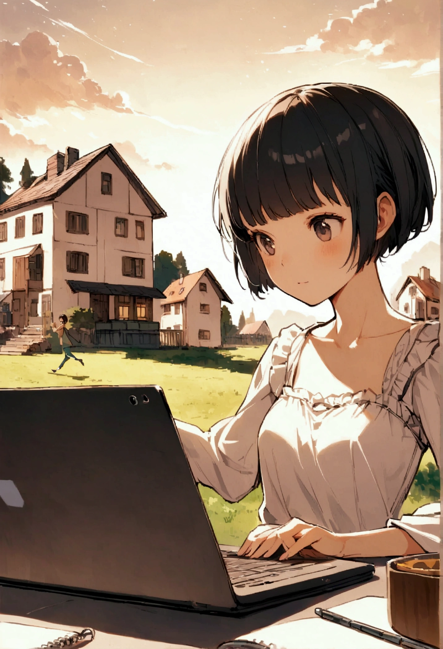 slender,a young girl,pixie cut,black hair,enjoy,working on laptop,house setting,notebook