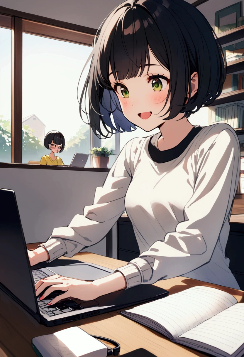 slender,a young girl,pixie cut,black hair,enjoy,working on laptop,house setting,notebook