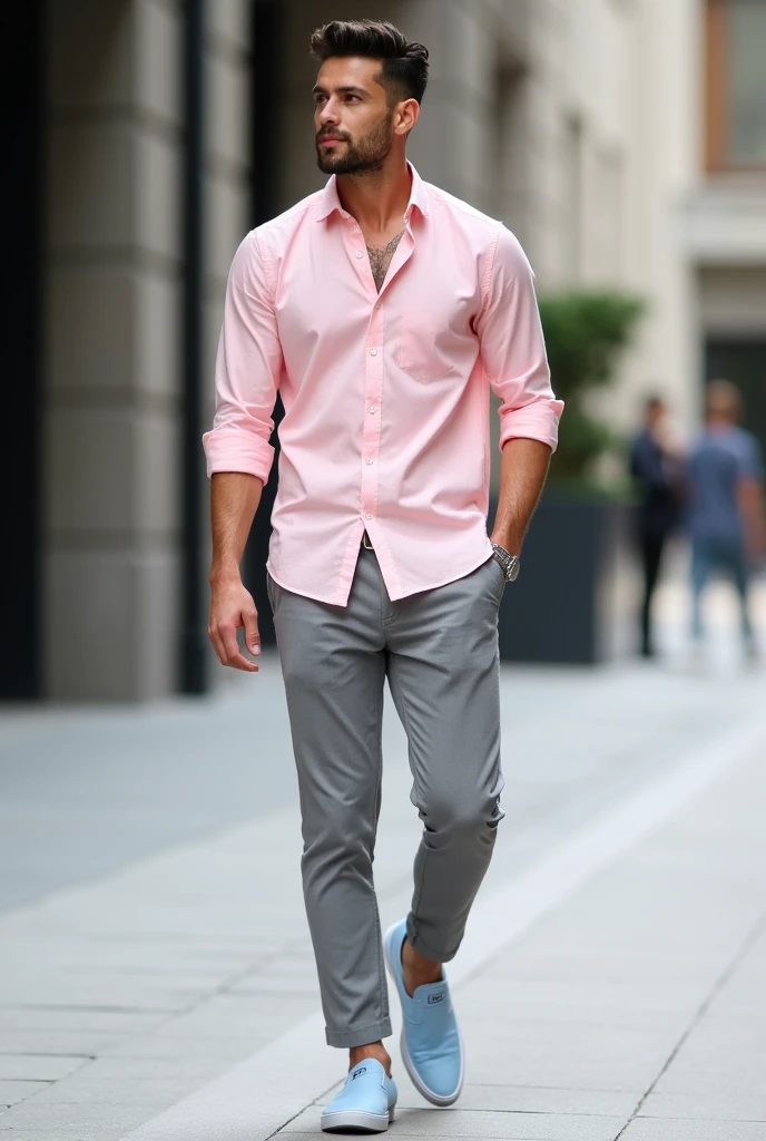 Light Pink shirt with grey pant with light blue shoes men wearing