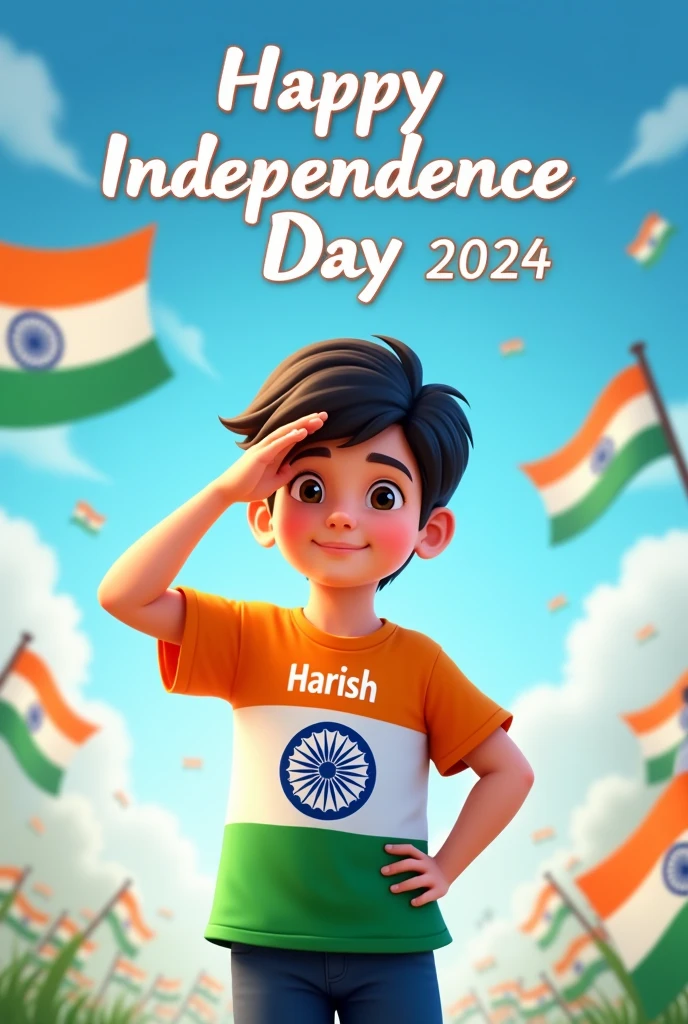 A young boy stands proudly under a clear blue sky, celebrating Independence Day on August 15th, 2024. He is wearing a vibrant tricolor T-shirt with his name "Harish" printed on the back, along with a large image of the Ashoka Chakra. The sky above him features the words "Happy Independence Day 2024" in bold, festive letters. Indian flags are flying around him, and a sense of national pride fills the air as he salutes, symbolizing his love for the country