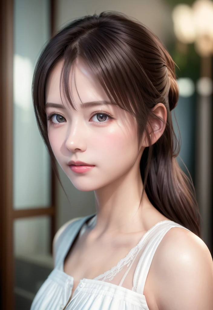 8K, of the highest quality, masutepiece:1.2), (Realistic, Photorealsitic:1.37), of the highest quality, masutepiece, Beautiful young woman, Pensive expression,、A charming、and an inviting look, Cute Maid Clothes, Hair tied back, Cinematic background, Light skin tone