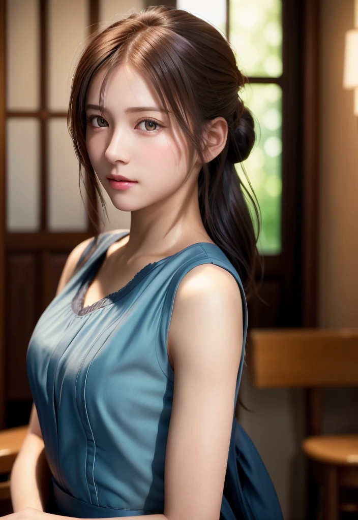 8K, of the highest quality, masutepiece:1.2), (Realistic, Photorealsitic:1.37), of the highest quality, masutepiece, Beautiful young woman, Pensive expression,、A charming、and an inviting look, Cute Maid Clothes, Hair tied back, Cinematic background, Light skin tone