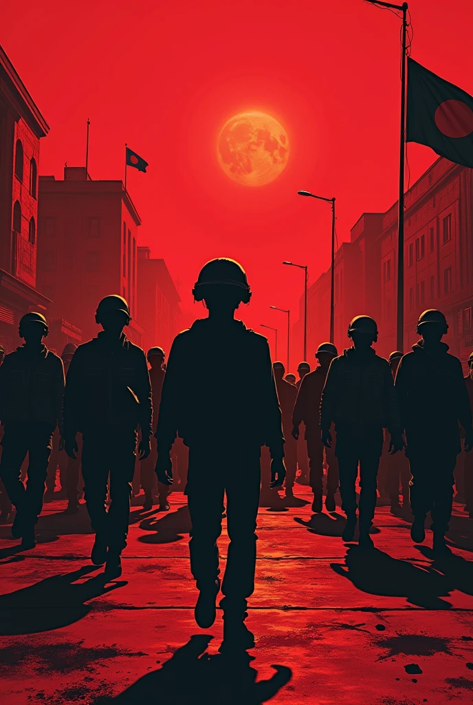 Create a powerful, red-tinted image symbolizing the tragic 2024 Quota Reform Movement in Bangladesh. The scene should depict a group of student protesters facing violent suppression by militarized forces. The background should include symbols of government authority, with blood on the streets, emphasizing the loss and desperation felt by the students. The overall tone should convey both the struggle for justice and the heavy cost of the crackdown