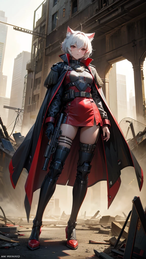 
The metropolis of the future.A lovely and charming girl,Cat ears,short hair,All American Body,Wearing a red and white combat uniform,Wearing a combat coat,Holding a Gaklin machine gun,in the ruined city