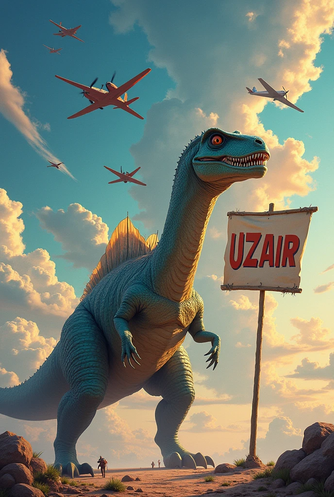 dinosaur with the name " Uzair " written on a large sign, an waving in the foreground, and various aircraft in the background against a colorful sky 
