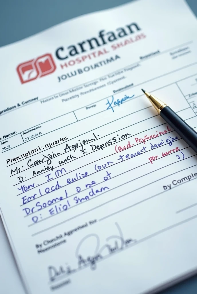 Generate a prescription image for anxiety attack and depression on a template of Rajjan Hospital, Dibai(BSR) 203393 and the doctor name is Charchit Aggarwal, MBBS Neuroscience in doctor's handwriting patient name is prabal raghav and age is 25 also put sign of the doctor.