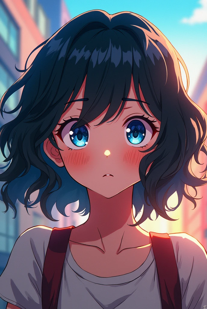 A girl from the anime Boku no hero academia who has curly hair, blue eyes and freckles