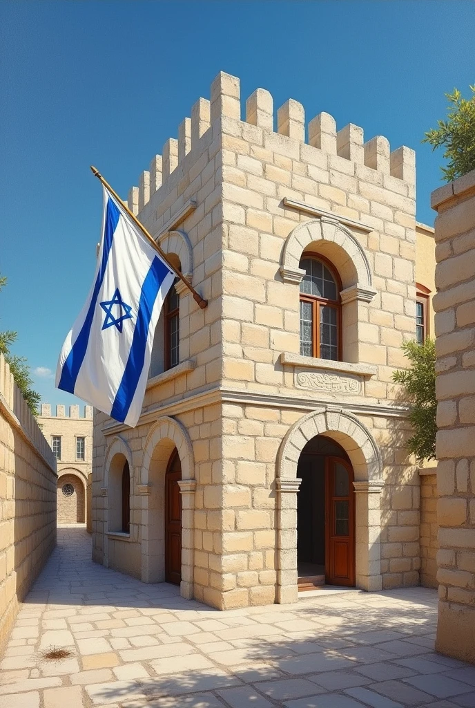 Painting of a white jerusalem brick whole building with Israel flag from a window