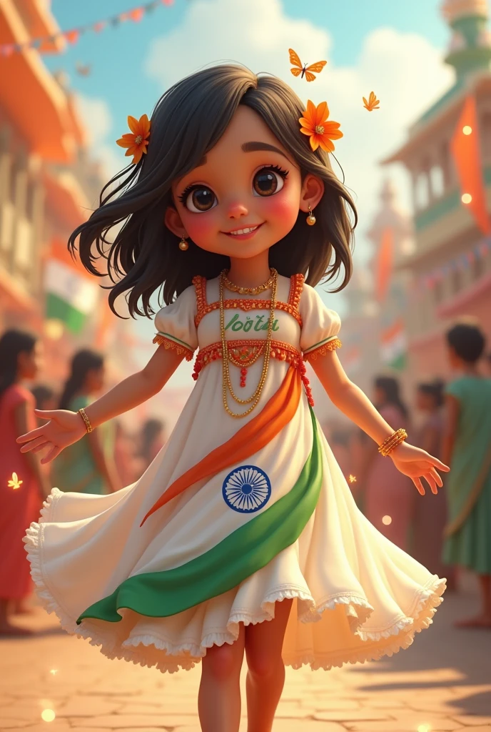 A cubby girl open flag colours 
and inner 
White Dress name on
 "🦋✨Ᵽ𝘰𝖙ti✨🦋" age  with India map ,flag , background crowd 