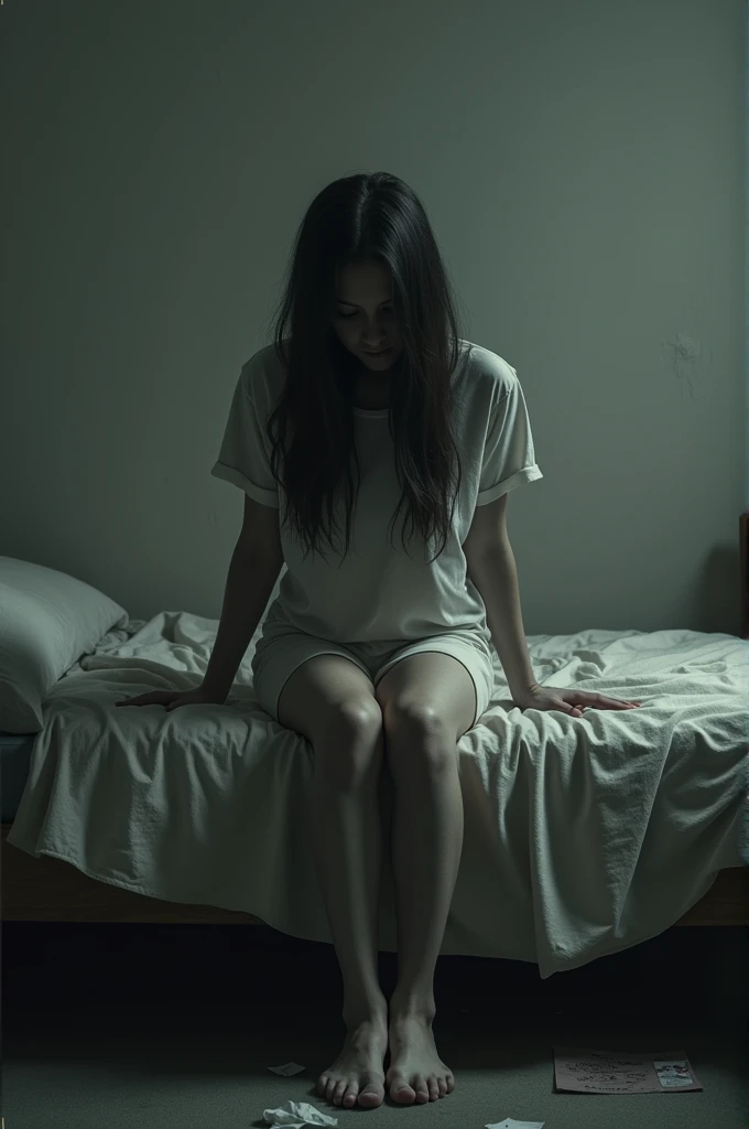 Sitting sadly on the bed
