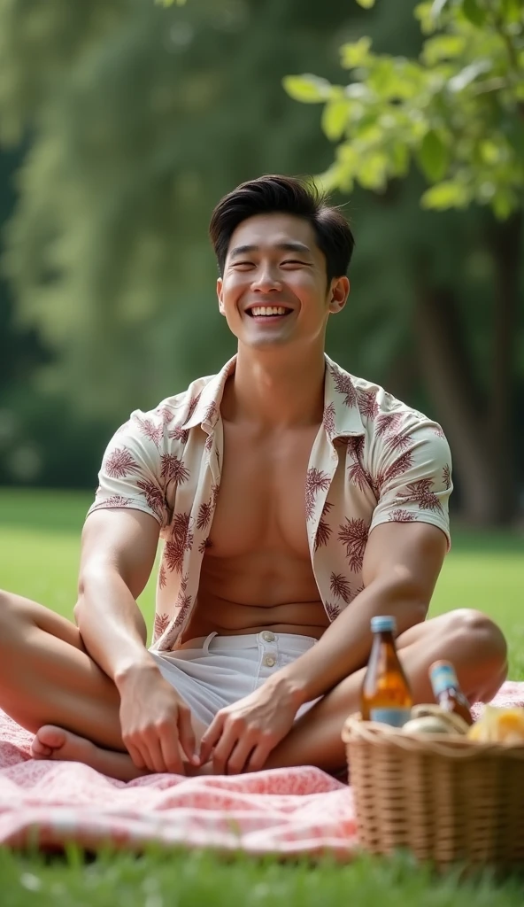 photorealistic, best quality, masterpiece, extremely detailed, sexy, homoerotic, extremely handsome, 30 year old muscular korean man, fair skin, (((muscular bodybuilder))), (((massive thighs))), wearing unbuttoned hawaiian shirt and tiny shorts, sitting and having picnic, basket of food, bottled drinks, laughing, looking at camera, at park, extremely romantic atmosphere, perfect face, perfect fingers, perfect hands, perfection