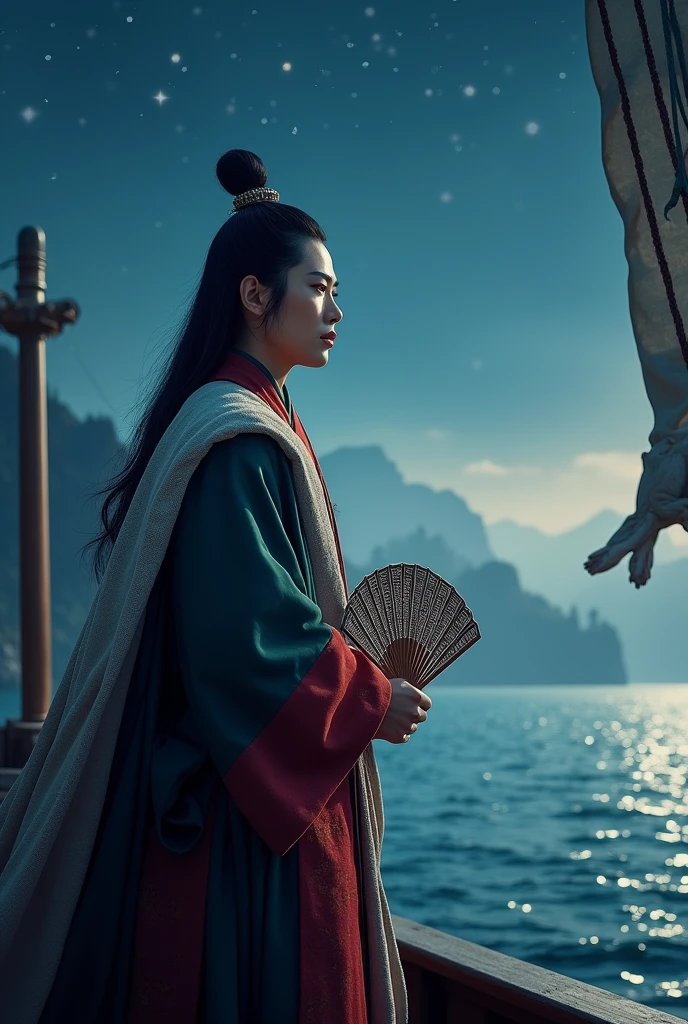 Historical Figures,Zhou Yu,Clear sky night,Lupine towel,Red Cliff,Yangtze,On the warship,Holding a feather fan,Look forward,Movie分镜,Movie,Photographic grade,Ultra-clear