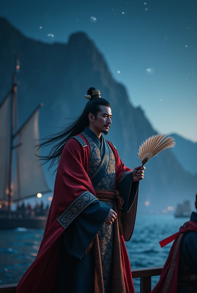 Historical Figures，Zhou Yu，Clear sky night，Lupine towel，Red Cliff，Yangtze，On the warship，Holding a feather fan，Look forward，Movie分镜，Movie，Photographic grade，Ultra-clear