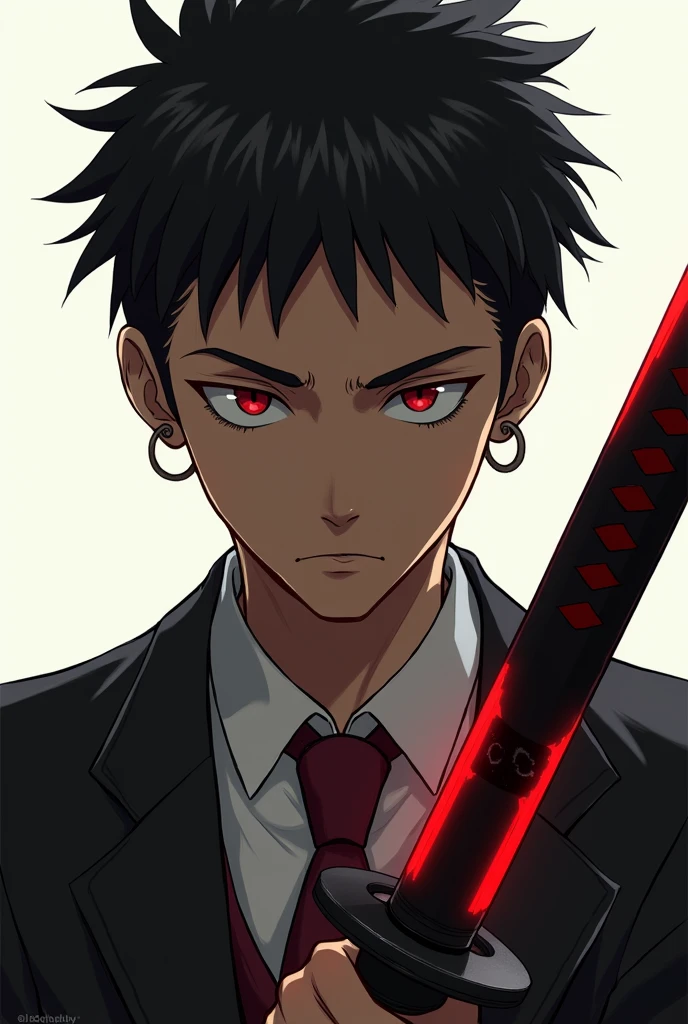Create a character with a blank stare and a serious expression, very short black hair combed back and spiky, wine colored eyes, dark skin with Japanese anime features. He has to be looking directly at me, holding a sword with a black base, and the scarlet blade. He appears to be 22 years old and wears a suit in a very sloppy manner., has a very small hoop earring in her left eye and a small scar on her right eyebrow. The sword cannot be in front of your face