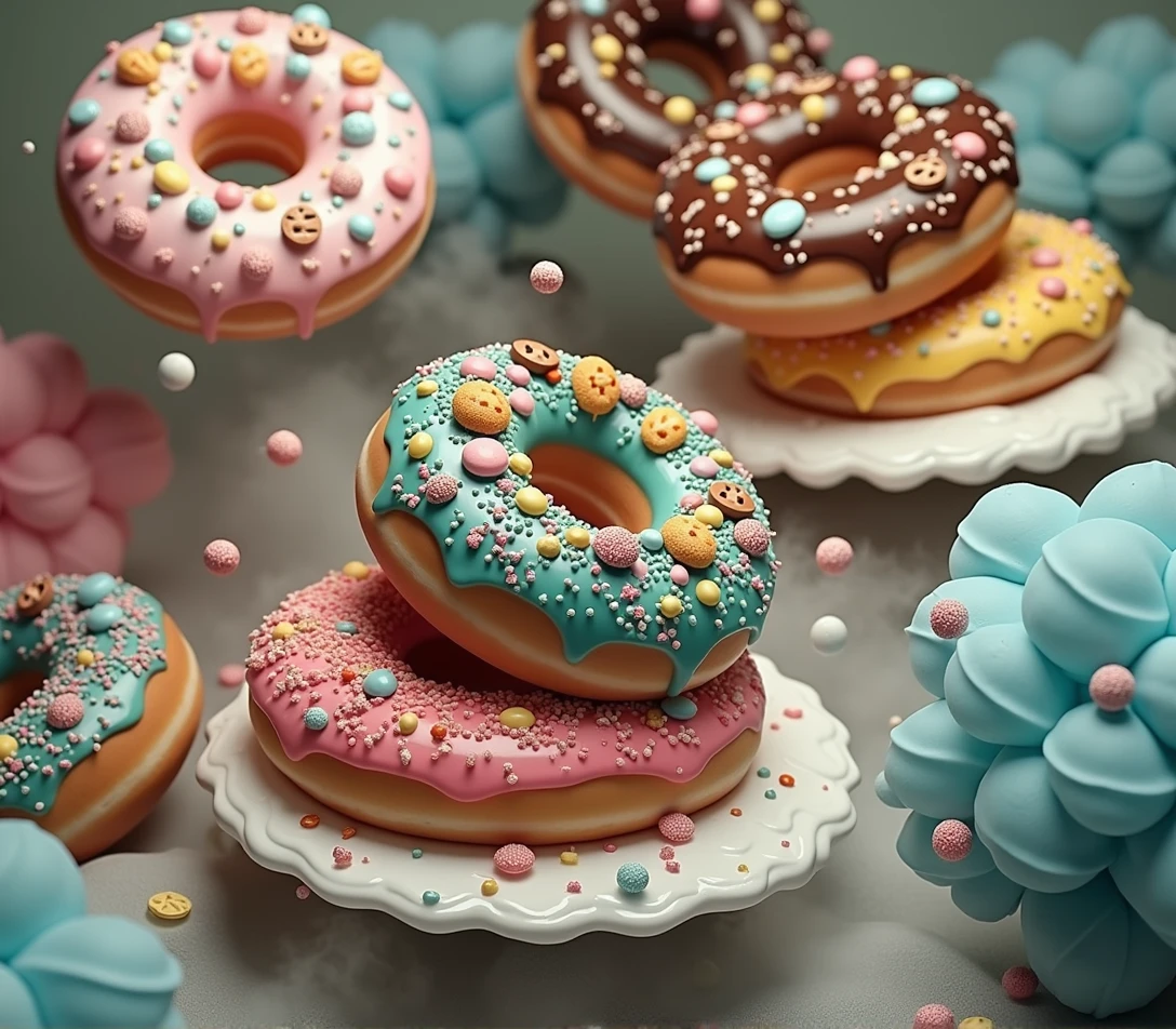 Sweet doughnuts covered in colorful glaze and sprinkled with sweets float in the air among splashes of airy cream