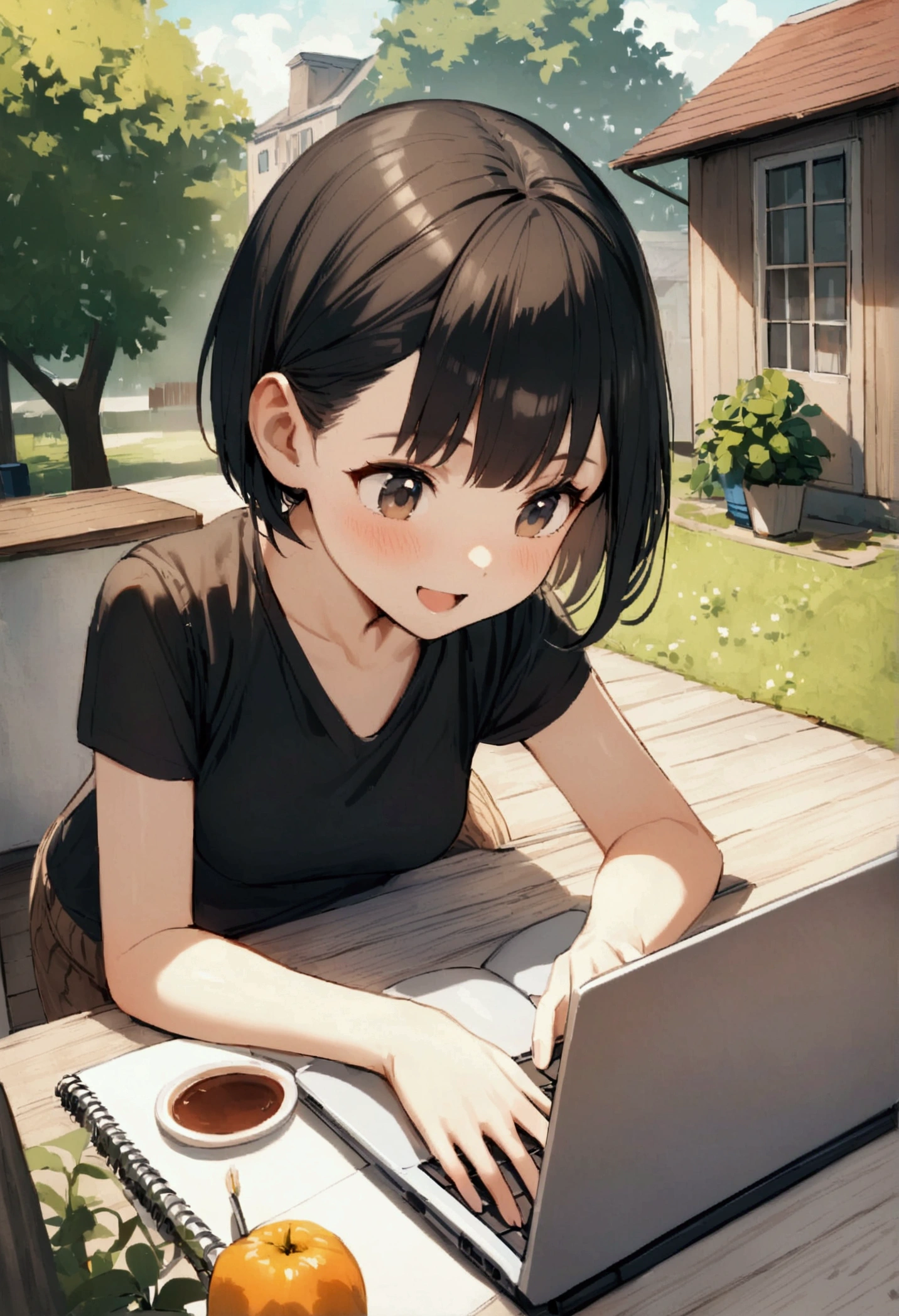slender,a young girl,pixie cut,black hair,enjoy,working on laptop,house setting,notebook