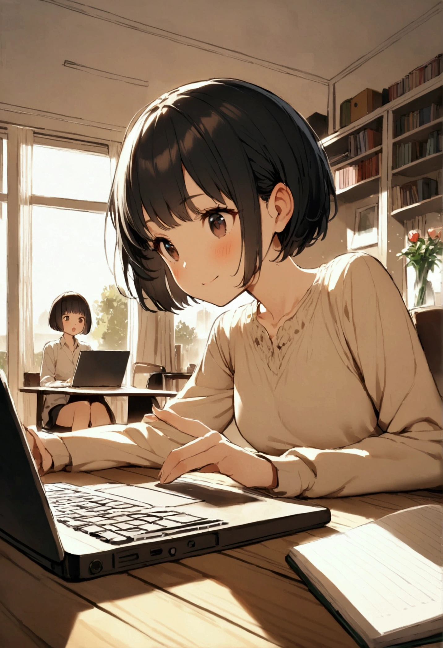 slender,a young girl,pixie cut,black hair,enjoy,working on laptop,house setting,notebook