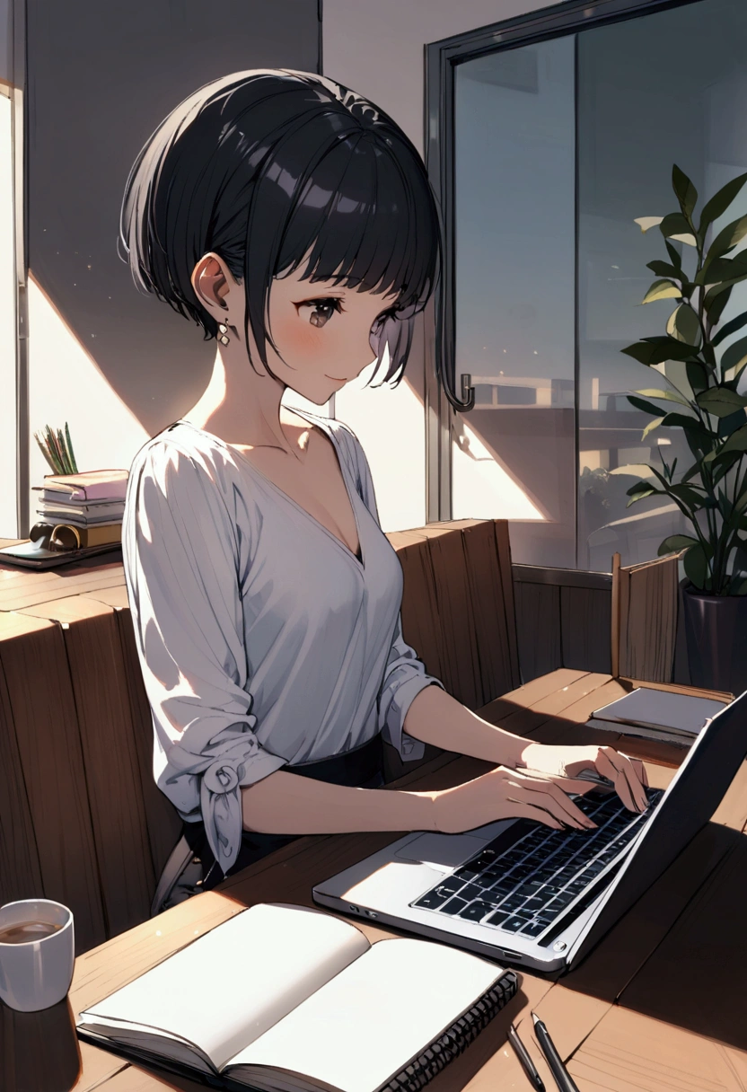 slender,a young girl,pixie cut,black hair,enjoy,working on laptop,house setting,notebook