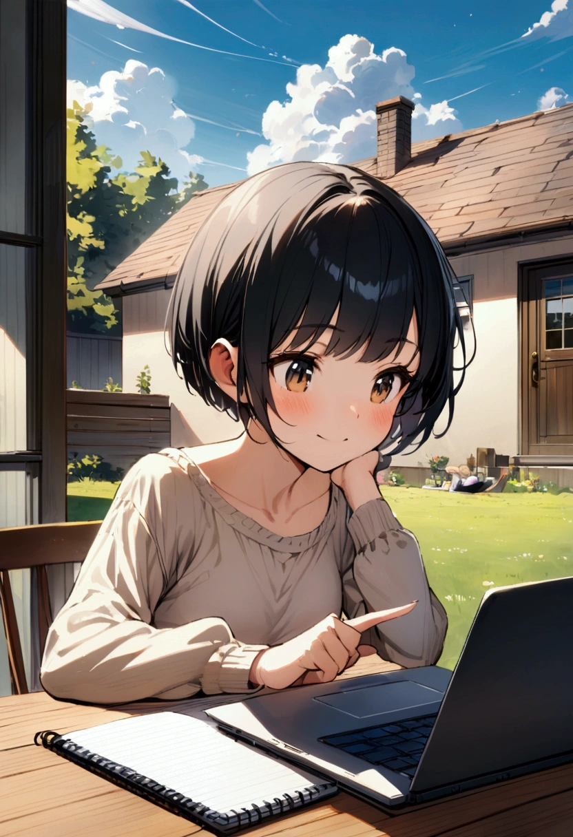 slender,a young girl,pixie cut,black hair,enjoy,working on laptop,house setting,notebook