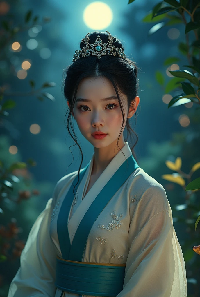 A young woman in traditional Korean hanbok dress, standing in a garden at night, moonlight shining on her, detailed background, beautiful detailed eyes, beautiful detailed lips, extremely detailed face, long eyelashes, slim waistline, sensual proportions, wide shot, dutch angle, crown, (best quality,4k,8k,highres,masterpiece:1.2),ultra-detailed,(realistic,photorealistic,photo-realistic:1.37),HDR,UHD,studio lighting,ultra-fine painting,sharp focus,physically-based rendering,extreme detail description,professional,vivid colors,bokeh,portraits,fantasy,magic