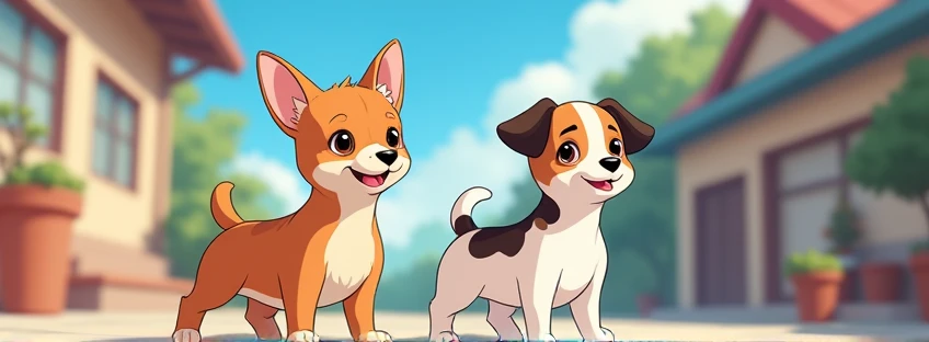 They are two dogs, one of them is 1 and a half years old., fur: The puppy has a short, two-colored coat.: mainly brown with white , especially on the head and legs. eyes: Sus ojos son de Size mediano, dark and round. ears: He has big, pointed ears., body: Parece ser un perro de Size mediano, with a slender body and thin legs. cola: Its tail is long and thin.,
Y el otro 2 meses de vida de fur: Color: Predominantly white with brown markings. The black spots are concentrated mainly on the head., including the ears and the top of the snout. There are also black spots on the back and base of the tail.. texture: The coat appears to be short and smooth.. eyes: Color: Dark brown. form: Tienen una forma almendrada y parecen ser de Size pequeño. ears: Size: son de Size mediano y tienen una forma triangular. Size: un perro de Size pequeño.
form: His body is slim and proportionate, with a moderately broad chest. paws: The legs are thin. cola: The tail is of medium length and tapers towards the tip.,
together with me, 21 year old woman, light brown skin color, small black hair,
that it be style like anime photo
