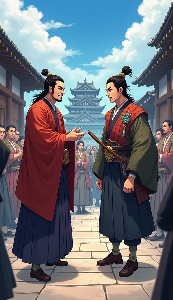 "Oda Nobunaga, with a broad smile and crinkled eyes, teasingly calls Toyotomi Hideyoshi 'Saru' in a lively castle courtyard. Hideyoshi stands awkwardly, his body language tense, surrounded by onlookers who are amused by the interaction."
