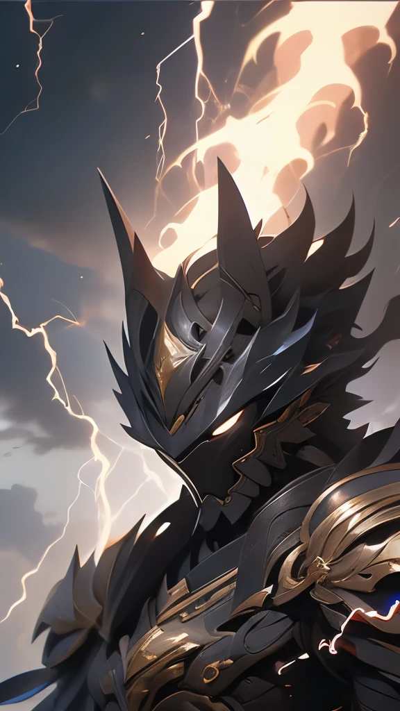 Masterpiece, best quality, nitid, ultra detailed, man's face with lightning and thunder, anger, wrath, supreme god, smooth black armor