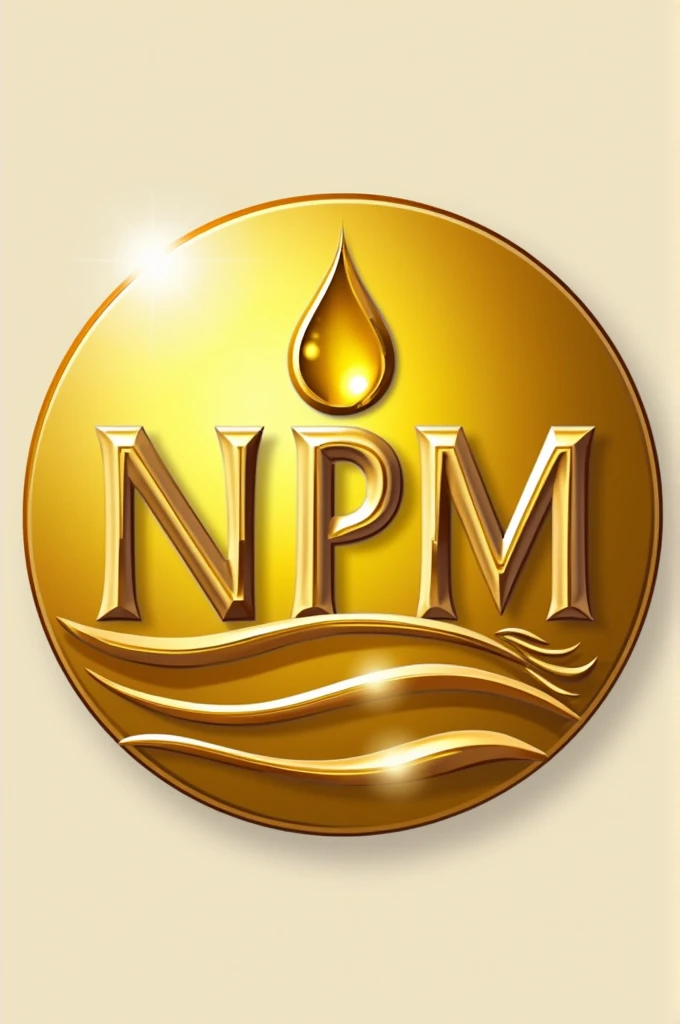 Design a circular logo for PT. NAUFAL PUTRA MITRABUANA (NPM), featuring a golden yellow color scheme. The logo should be simple and elegant, incorporating a drop of oil and a wave of water. Include the text 'NPM' and the slogan 'The best oil.