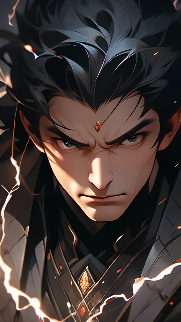 Masterpiece, best quality, nitid, ultra detailed, man's face with lightning and thunder, anger, wrath, supreme god, smooth black armor