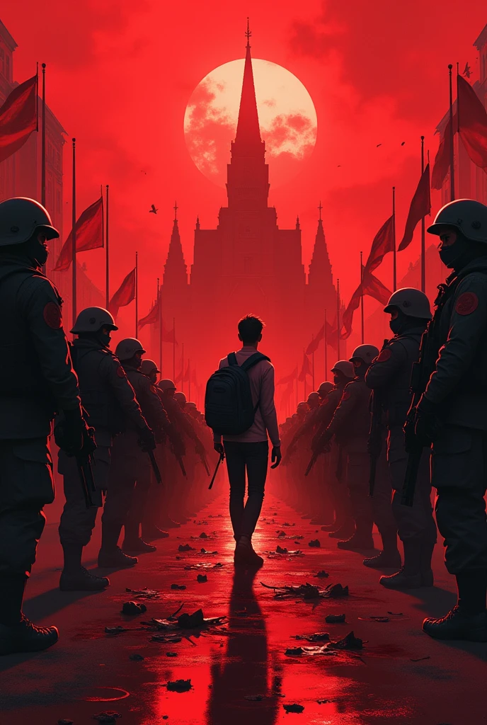 Create a powerful, red-tinted image symbolizing the tragic 2024 Quota Reform Movement in Bangladesh. The scene should depict a group of student protesters facing violent suppression by militarized forces. The background should include symbols of government authority, with blood on the streets, emphasizing the loss and desperation felt by the students. The overall tone should convey both the struggle for justice and the heavy cost of the casualties