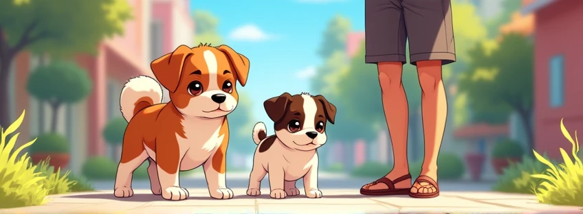 They are two dogs, one of them is 1 and a half years old., fur: The puppy has a short, two-colored coat.: mainly brown with white , especially on the head and legs. eyes: Sus ojos son de Size mediano, dark and round. ears: He has big, pointed ears., body: Parece ser un perro de Size mediano, with a slender body and thin legs. cola: Its tail is long and thin., 

Y el otro 2 meses de vida de fur: Color: Predominantly white with brown markings. The black spots are concentrated mainly on the head., including the ears and the top of the snout. There are also black spots on the back and base of the tail.. texture: The coat appears to be short and smooth.. eyes: Color: Dark brown. form: Tienen una forma almendrada y parecen ser de Size pequeño. ears: Size:  son de Size mediano y tienen una forma triangular. Size: un perro de Size pequeño.
form: His body is slim and proportionate, with a moderately broad chest. paws: The legs are thin. cola: The tail is of medium length and tapers towards the tip., 

together with me, 21 year old woman, light brown skin color, small black hair, 

that it be style like anime photo