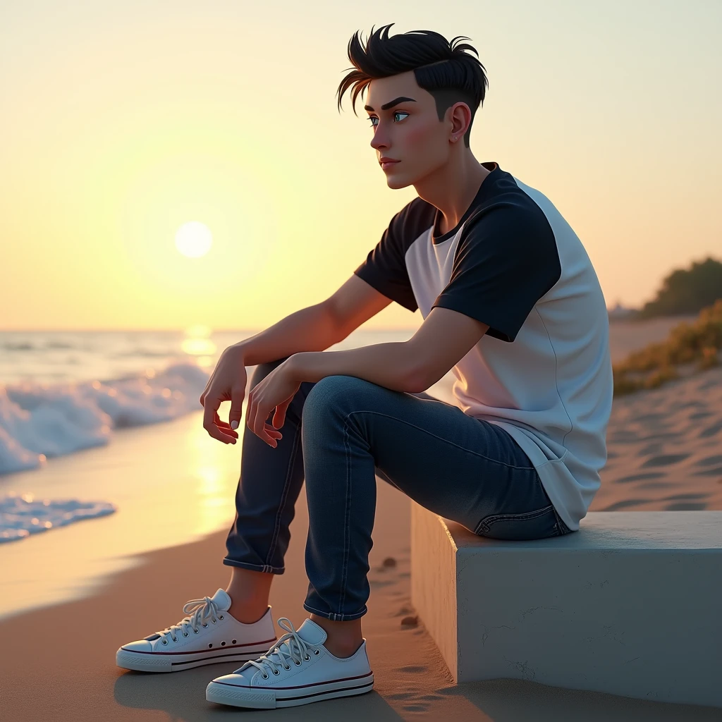 makes image of a white man, model type 35 years old, com cabelo escuro, blue colored eyes, wearing a white and black shirt, jeans, tennis,   at sunrise, sitting on a wall on the beach