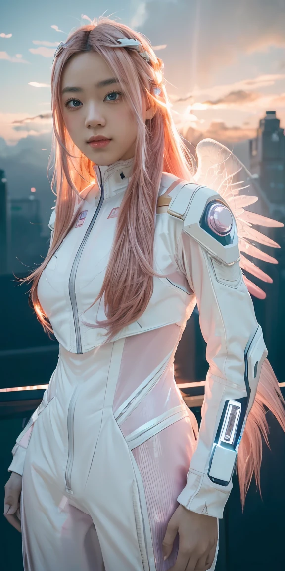 ((masterpiece, best quality, extremely detailed), volumetric lighting, ambient occlusion, colorful, glowing), 
1girl, solo, young girl, (pink hair), long hair, halo, aura, sacred, godness, cyber suit, (white outfit:1.3), android, bot, angel wings,
outdoors, sunset, sky, clouds, space, (cyberpunk theme:1.2),