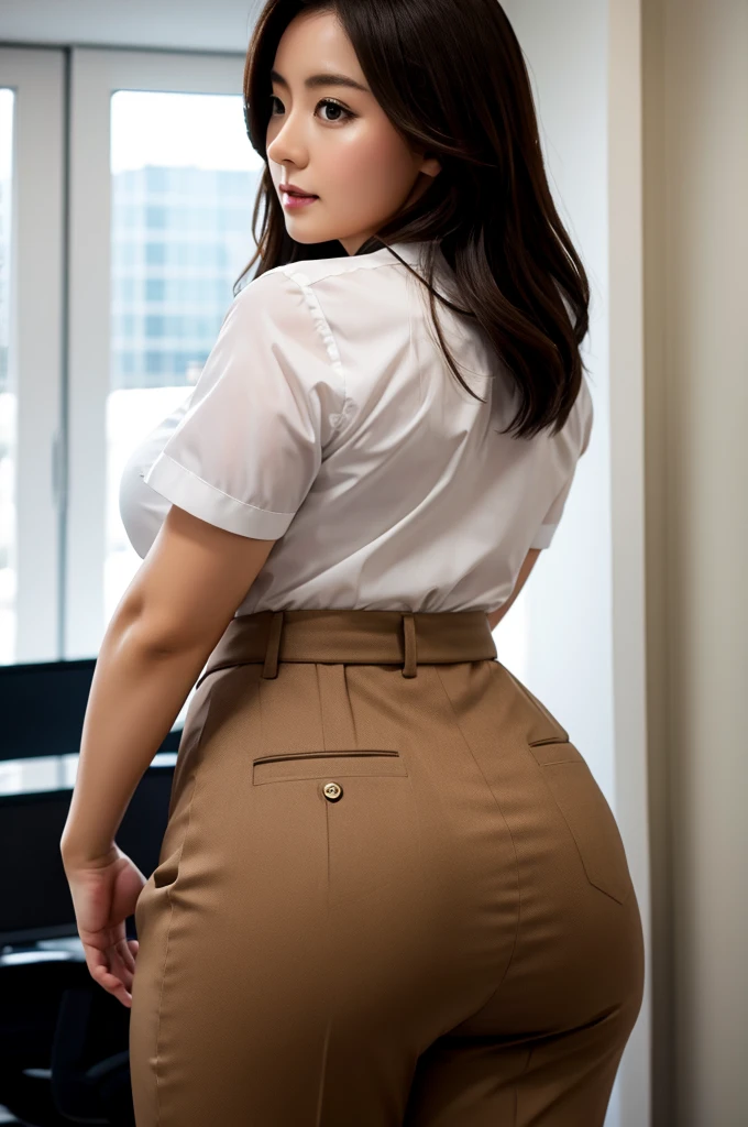 An office lady wearing a white shirt and brown suit pants、(Plump butt)、Rear view、(((Highest quality, masterpiece))), (((Very detailed)))