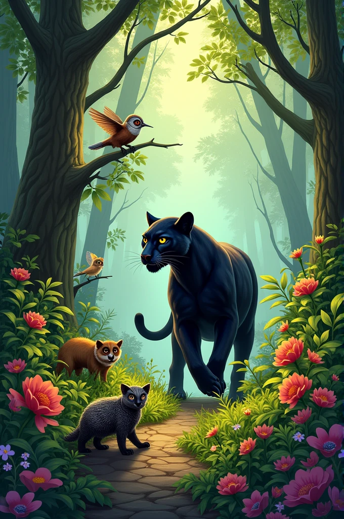 A forest with flowers, with a panther, An owl, a hummingbird, a honey badger,