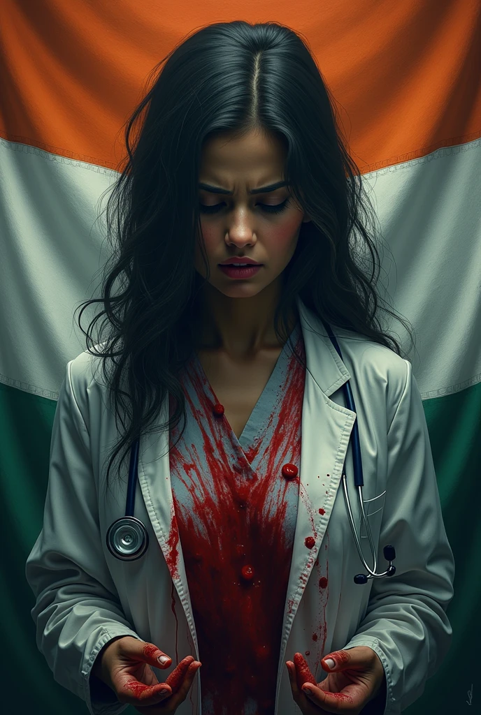 /Imagin Dead Indian doctor girl lying on the map of India. The map of India is made of blood and all the things are scattered on the floor of the operation theater and she has an esthethoscope around her neck.