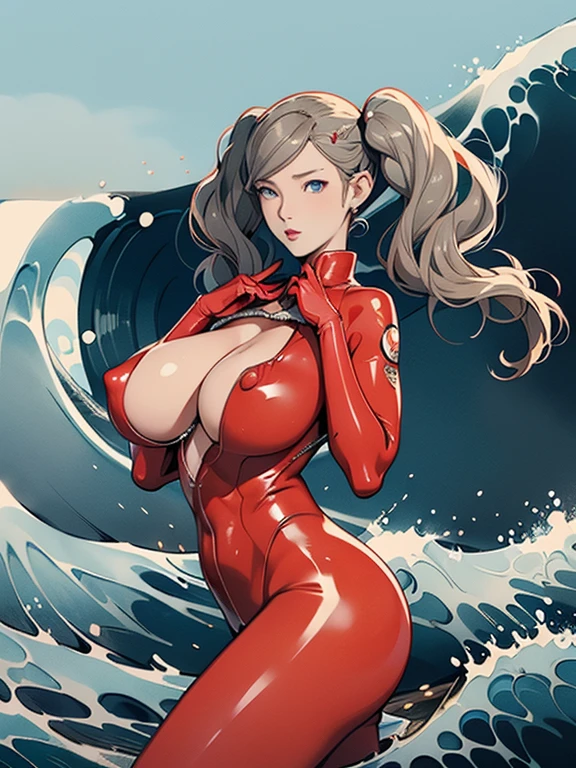 Hiroshige, ((tsunami, huge wave:1.3)), Summer resort, Ann Takamaki, red latex bodysuit, boob window, twin pigtails, Slightly slimmer body, posing like a model, very beautiful face, super cute, Blue sea and white clouds, (masterpiece:1.2, Highest quality), fine detailed, extremely details CG