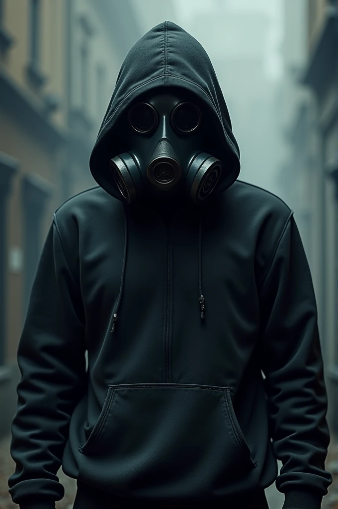 Man in hoodie and gas mask