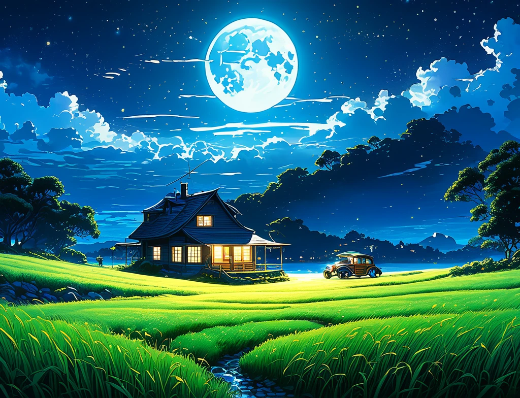 a country house, in the blue night, moon, grassland makoto shinkai cyril rolando, Fondo de pantalla de arte anime 4k, Fondo de pantalla de arte anime 4K, fondo animado, fondo de pantalla de arte anime 8 K, fondo animado art, Fondo De Pantalla De Paisaje De Anime, amazing wallpaper, hd wallpaper, fondo de pantalla animado 4k, fondo de pantalla animado 4k, arte de Aries Moros Arte digital 4k muy detallado style , Kilian Eng y Thomas Kinkade, Rob Gonsalves y Tim White., Silvain Sarrailh, rads and thomas kinkade, Inspirado en RHADS, cyril rolando and m.w kalut, cyril rolando and m. w kalut, rads!!! clear sky Fascinating lighting , emerging fireflies, insectos zumbando,.