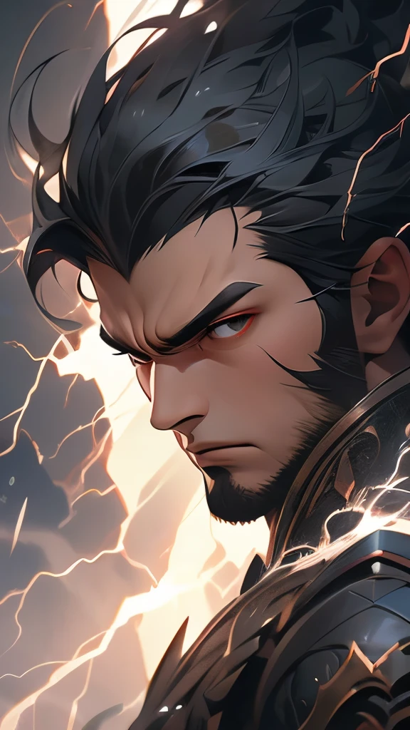 Masterpiece, best quality, nitid, ultra detailed, man's face with lightning and thunder, anger, wrath, supreme god, smooth black armor