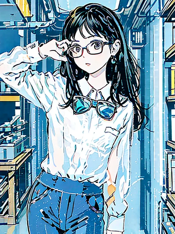 ((chibi)), big head, focus face, blue theme, (masterpiece:1.2, highest quality), (Realistic, photoRealistic:1.4), Beautiful illustrations, (Natural Side Lighting, Cinema Lighting), Written boundary depth, Beautiful thighs staring at the viewer, 1 female, 20-year-old, alone, thin, slender, (small breasts), long Hair, straight Hair, Forehead, Forehead, Forehead, Forehead, thin, slender, glasses, ((Skinny black pants, collared shirt)), Are standing, (((glasses)))