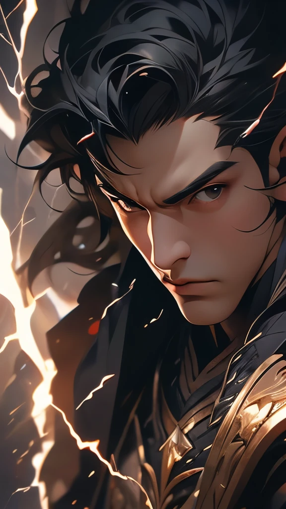 Masterpiece, best quality, nitid, ultra detailed, man's face with lightning and thunder, anger, wrath, supreme god, smooth black armor