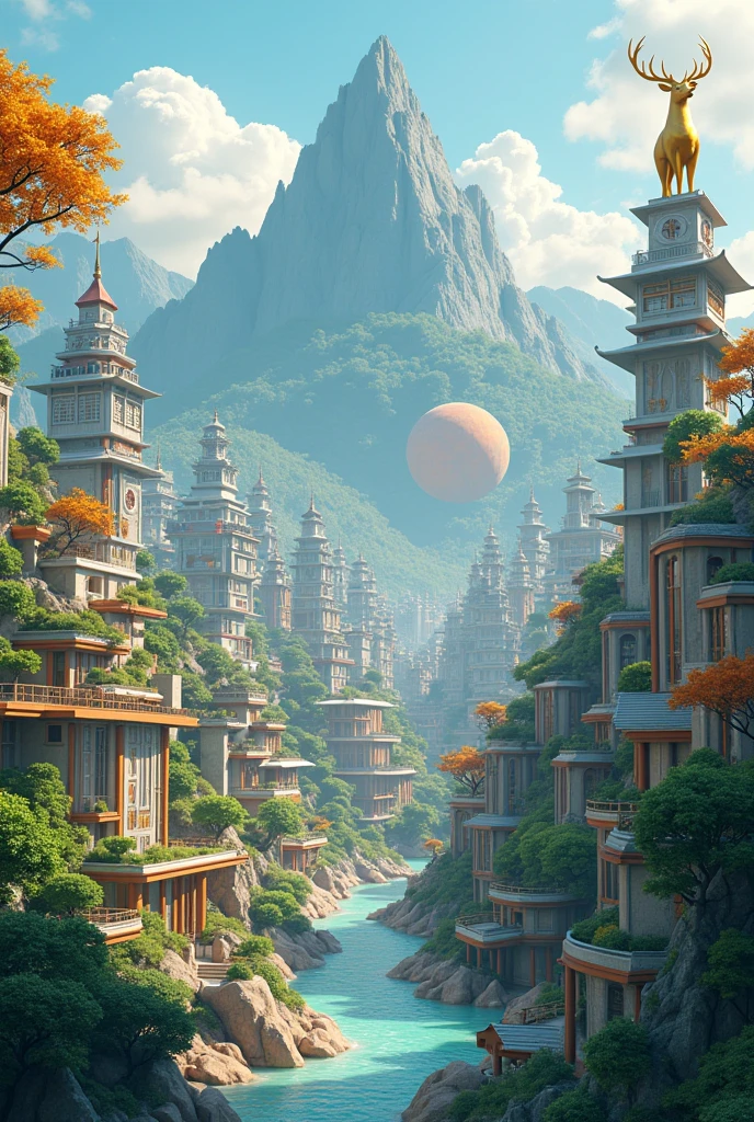 There is a digital city picture,Stylized digital illustration, city building, Surreal cityscape background, Business Illustration, Matte digital illustration, Digital illustration style, Incorporating environmental themes,Illustrations, Digital Illustrations -, City background, A mountain and a golden sculpture of a deer,digital graffiti landscape, A beautiful artistic illustration, Detailed digital illustrations, environment design illustration ((best quality)), ((Intricate details))(8k)
