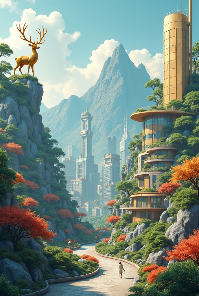 There is a digital city picture,Stylized digital illustration, city building, Surreal cityscape background, Business Illustration, Matte digital illustration, Digital illustration style, Incorporating environmental themes,Illustrations, Digital Illustrations -, City background, A mountain and a golden sculpture of a deer,digital graffiti landscape, A beautiful artistic illustration, Detailed digital illustrations, environment design illustration ((best quality)), ((Intricate details))(8k)