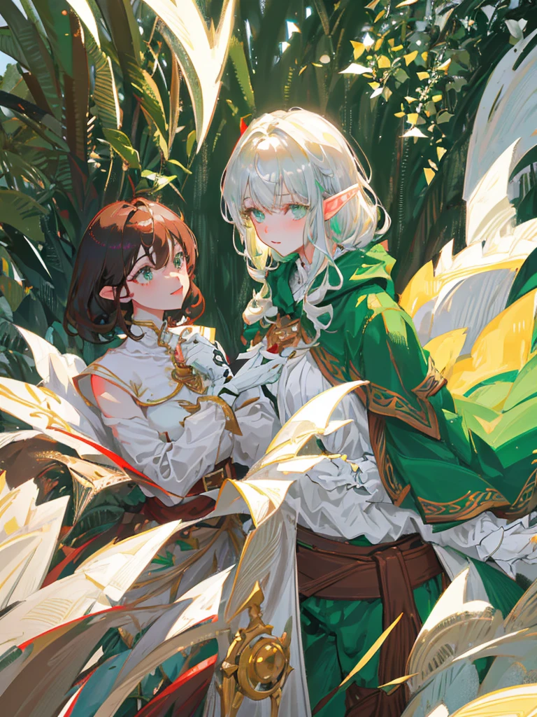 Elf, silver hair, medium hair, medium cut, brunette, curly hair, green eyes, slim, fair skin, white dress, green cloak, fingerless gloves, brown pants, belt, A cute boy. She has a sexy facial expression, her face is red, her lips are parted, the look in her eyes is sharp.