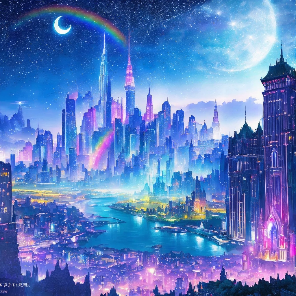 Colorful Metropolitan Museum of Art、Painting of a river with stars and moon in a rainbow sky、Met、輝くskyscraper、Shine overall、skyscraper、Concept art inspired by Tosa Mitsuoki、Pixiv Contest Winners、Highest quality、Fantasy art、Beautiful anime scene、Bright Moon、Moonlight Star Environment、Dream Painting、Anime Background Art、Fantasy Landscape Painting、Fantasy Knight、Anime Background、Background artwork、Great art、Atmospheric anime、Starry Sky、details enhanced。