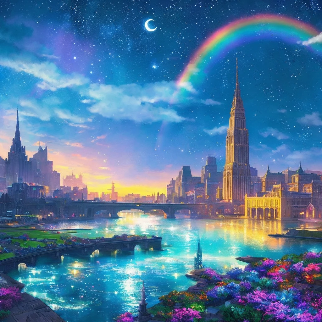 Colorful Metropolitan Museum of Art、Painting of a river with stars and moon in a rainbow sky、Met、輝くskyscraper、Shine overall、skyscraper、Concept art inspired by Tosa Mitsuoki、Pixiv Contest Winners、Highest quality、Fantasy art、Beautiful anime scene、Bright Moon、Moonlight Star Environment、Dream Painting、Anime Background Art、Fantasy Landscape Painting、Fantasy Knight、Anime Background、Background artwork、Great art、Atmospheric anime、Starry Sky、details enhanced。